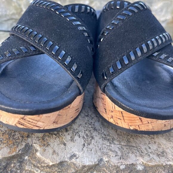 Donald J Pliner Savee Whipstitch Cork Wedge Sandal 9.5M Black Suede Y2K Chunky - Picture 3 of 11